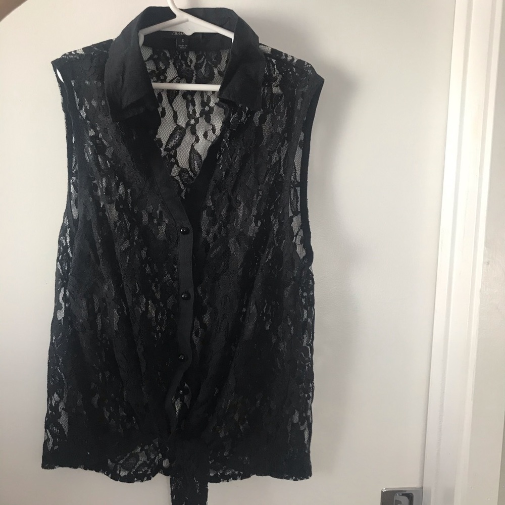 Black Floral Lace Button Collar Shirt with Tie